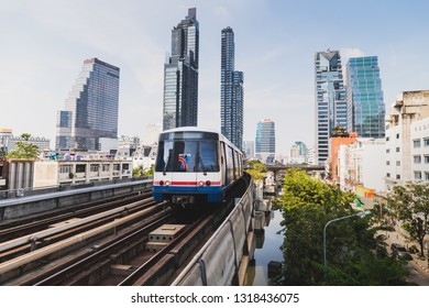 Bangkok, Thailand - January 12, 2019 : A BTS Sky Train Arrives To Station