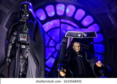 Bangkok, Thailand - January 12, 2020: A Setting Of Darth Vader Action Figure With Emperor Palpatine In Background.