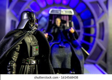 Bangkok, Thailand - January 12, 2020: A Setting Of Darth Vader Action Figure With Emperor Palpatine In Background.