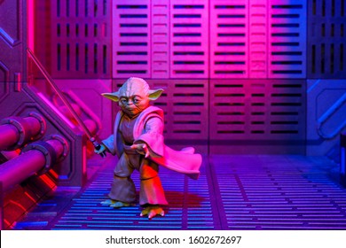 Bangkok, Thailand - January 1,2020: The setting of Yoda action figure in background