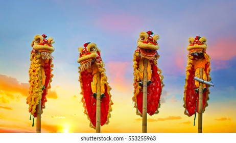 BANGKOK, THAILAND - JANUARY 14 2016: Unidentified group of people perform a traditional lion dance at Rama IX public park to celebrate traditional Chinese's lunar new year