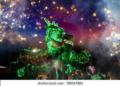 BANGKOK, THAILAND - JANUARY 17 2016: Dragon dance performed for a lunar new year celebration at a Chinese shrine