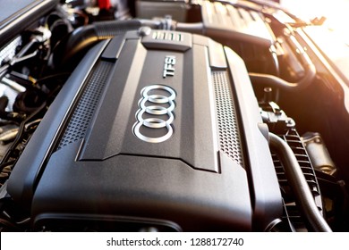 BANGKOK, THAILAND - JANUARY 17, 2019: Audi TT Engine A 2.0-liter Turbo-four Rated At 220 Hp And 258 Lb-ft Of Torque. Engine Bay After Cleaning & Dressing. Luxury Sports Car And Roadster Engine Details