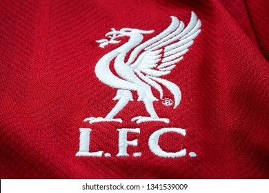 Bangkok, Thailand - January 17 2019: Close-up of Liverpool FC football home jersey circa 2018-2019 with  club's emblem