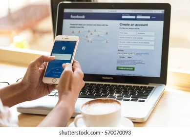 Bangkok. Thailand. January 24, 2016:A Woman Is Typing On Facebook Search Engine From A Laptop. Facebook Is The Biggest Internet Search Engine In The World.