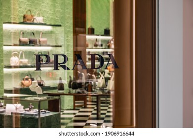 Bangkok, Thailand. January 25, 2021.  Prada Luxury High End Fashion Store At Icon Siam Shopping Mall.