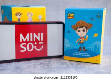 BANGKOK, THAILAND - January 25, 2022 : A Box Of Blind Box Collection Of Toy Story From Miniso Shop. Close Up