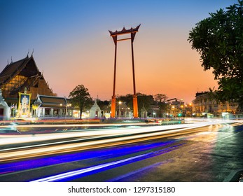 Bangkok, THAILAND - January 27, 2019 : Long exposure Traffic night at Giant Swing in front of the Bangkok City Hall.