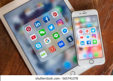 BANGKOK, THAILAND- January 29, 2017: Social media app icons on Ipad, iphone touchscreen mobile cross-channel and multi-channel internet application technology for people lifestyle in digital 4.0 age.