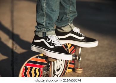 BANGKOK, THAILAND - JANUARY 29, 2022: The Vans Old Skool Black And White Sneakers. Vans Is An Manufacturer Of Skateboarding Shoes.