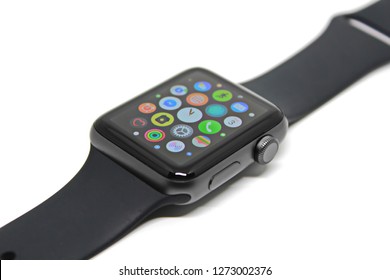 Bangkok, Thailand - January 3, 2019 : Selected focus. Apple Watch Sport 42 mm Space Gray Aluminum Case isolated on white background