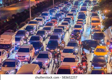 Bangkok, Thailand - January 30, 2017: View of Traffic jam at night in Sathorn Road, Sathorn district, Bangkok, Thailand.