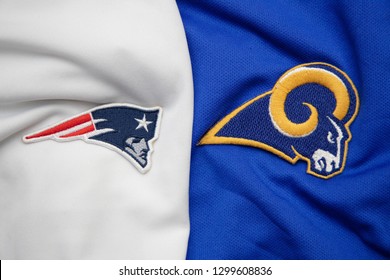 BANGKOK, THAILAND- JANUARY 30: Logo of NFL TeamsNew England Patriots and Los Angeles Rams on the Clothes for the LIII Super Bowl 2019 on JANUARY 30,2019