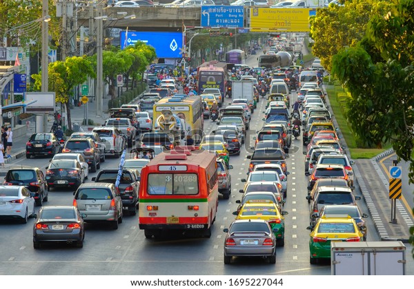 Bangkok, Thailand -\
January 7, 2020: A stream of cars, Traffic jam  in Bangkok, Largest\
city of Thailand.