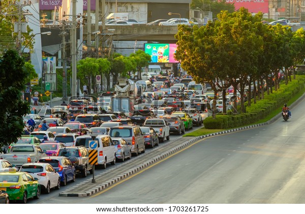 Bangkok, Thailand -\
January 7, 2020: A stream of cars, Traffic jam  in Bangkok, Largest\
city of Thailand.