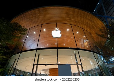 BANGKOK, THAILAND - JUL 15, 2022: Apple Store Exterior At Central World Bangkok In Night Time. Apple Central World.