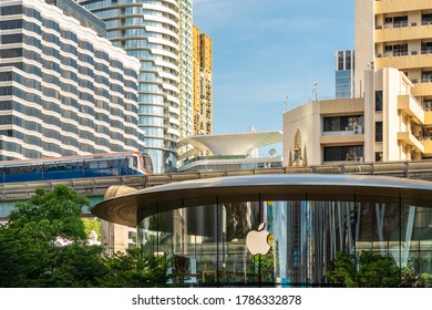 Bangkok / Thailand - Jul 28 2020: Apple Store (Apple Central World), the new flagship store in central business district of Bangkok Thailand and BTS sky train system