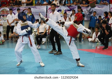 Bangkok, Thailand - July 1, 2018 : Taekwondo  Athlete From Many Countries Fight Together In Fighting Match Of The 4th HEROES Taekwondo International Championship At AU Stadium, Motion Blur