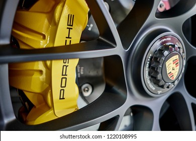 BANGKOK, THAILAND - JULY 11, 2018: Porsche 911 Carrera 4 GTS Rims And Ceramic Break. Close Up Of Wheel With A Logo And Yellow Caliper Of Ceramic Breaking System After Polishing & Coating.