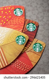 BANGKOK, THAILAND - JULY 15, 2015: The Starbucks Autumn Fall Leaf Shape Key Ring Gift Card.