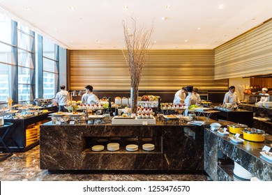 BANGKOK, THAILAND. JULY 17, 2016: Modern decorated interior buffet line counter in hotel.