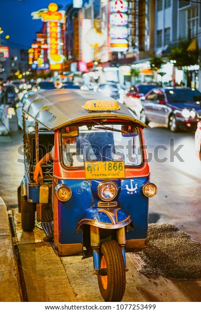 Bangkok, Thailand - July 17,2017; Famous
moto-taxi called tuk-tuk is a landmark of the city and popular
transport, Tuk tuk on the street in Chinatown, street food night
market in bangkok
thailand.