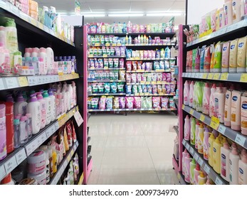 Bangkok, Thailand - July 18, 2021 : Many Types Of Cosmetics For Beauty And Skin Health Products For Sale In Supermarket Open Daily