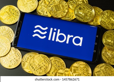 Bangkok, Thailand - July 2, 2019: Phone shows Libra logo on the screen. Facebook reported to utilize new cryptocurrency called Libra. Libra was reported to be used for purchases in Facebook and other.
