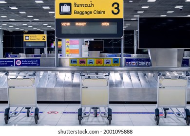 Bangkok, Thailand - July 2, 2021 : Empty Airport Luggage Trolleys Or Baggage Carts At Baggage Claim  Aria In Arrival Terminal At Suvarnabhumi Airport On During Covid Or Coronavirus Pandemic.