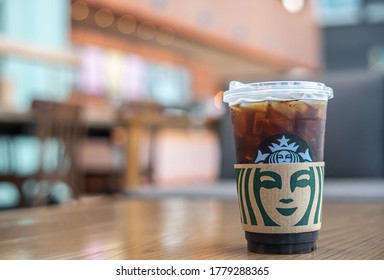 Bangkok Thailand, July, 2020. Starbuck coffee iced americano coffee beverage with copy space.