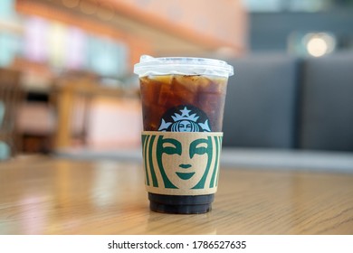 Bangkok Thailand, July, 2020. Starbuck coffee iced americano coffee beverage in the cafe.