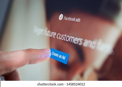 Bangkok, Thailand - July 21, 2019 : People Touching On Create An Ad Button On Facebook Website.