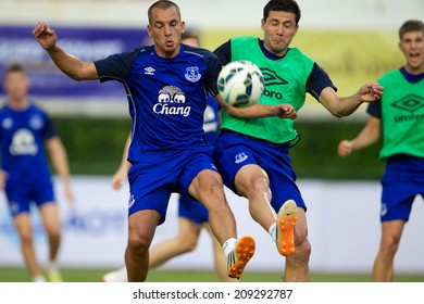 BANGKOK THAILAND JULY 26: Leon Osman (L) Of Everton In Action During Training Session At Supachalasai Stadium On July 26, 2014 In Bangkok, Thailand.