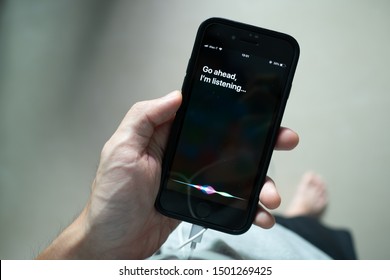 Bangkok, Thailand - July 30, 2019 : Siri, Apple's Voice-activated Digital Assistant, Tells IPhone User To Ask Her By Showing The Text 