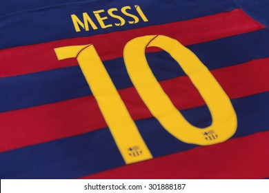 BANGKOK, THAILAND -JULY 31, 2015: The Name Of Lionel Messi Of Barcelona On The Back Of Official Jersey On July 31, 2015 In Bangkok Thailand.