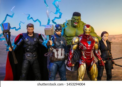 Bangkok, Thailand - July 6,2019: A Setting Of Avengers Team Action Figures From Avengers Comic.