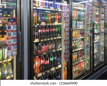 Bangkok, Thailand - July 7, 2018 : Close Up Of Assorted Soft Drinks In A 7-11 Convenience Store At Pratunam