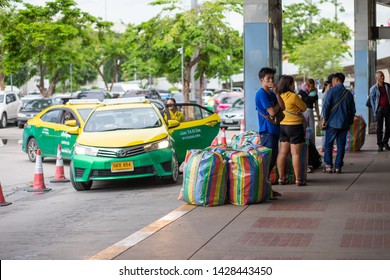 Bangkok, Thailand, Jun 16, 2019 - Asian Man Waiting For Transfering Service At Mo Chit Or Bangkok Bus Station To Send His Belonging To Home