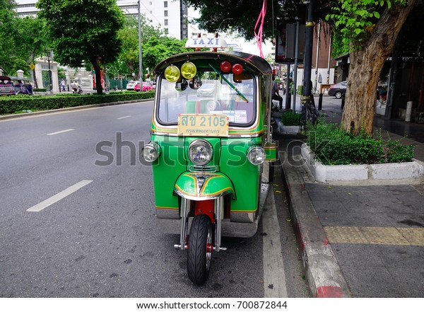 Bangkok, Thailand\
- Jun 17, 2017. A tuk tuk on street at downtown in Bangkok,\
Thailand. Bangkok has a population of over 8 million or 12.6\
percent of the country\
population.