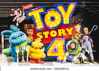 Bangkok, Thailand - Jun 17, 2019: Toy Story 4 movie backdrop display with cartoon characters in movie theatre. Cinema promotional advertisement, or film industry marketing concept