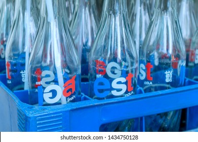 Bangkok, Thailand - JUN 23, 2019: Glass Bottle Of EST Cola Soft Drink. Glass Bottles In Plastic Crates.