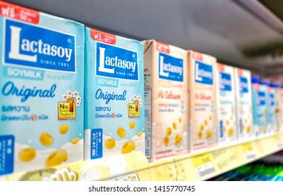 BANGKOK, THAILAND - JUNE 03, 2019: Lactasoy Soy Milk Cartons On The Shelf Of Supermarket