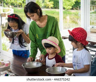 Bangkok, Thailand - June 12, 2016: Family With Small Children Are Cooking In A Bakery Cooking Class.