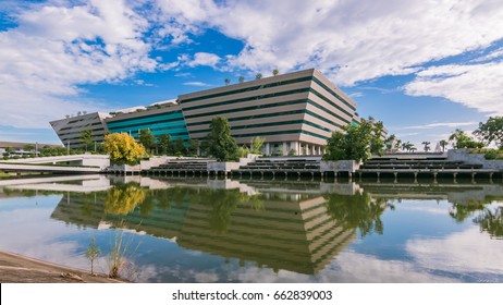 Bangkok, Thailand - June 12, 2017 : Landscape View Of Government Complex Building Shines At Dusk. Government Complex Has 34 Government Units Located At Chaeng Wattana Road In Bangkok, Thailand