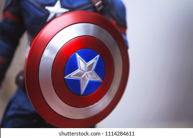 BANGKOK THAILAND - JUNE 17 ,2018 : Close Up Shot Of Shield For Captain America Civil War Superheros Figure In Action Fighting. Captain America Appearing In American Comic Books By Marvel.