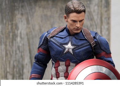 BANGKOK THAILAND - JUNE 17 ,2018 : Close Up Shot Of Captain America Civil War Superheros Figure In Action Fighting. Captain America Appearing In American Comic Books By Marvel.