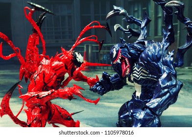 BANGKOK, THAILAND - June 2, 2018: Venom And Carnage Characters From Famous Marvel Comics Launched By Kaiyodo Toy Manufacturer