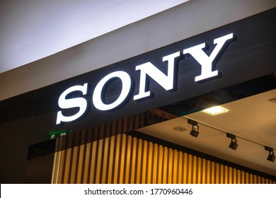 BANGKOK, THAILAND - JUNE, 2020 :  Closeup Sony logo In front of store shop in ICONSIAM department store on June 14, 2020 at bangkok, Thailand. Iconsiam already open November 9, 2018.