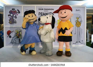 Bangkok, Thailand – June 21, 2019: Costume Of Snoopy, Charlie Brown And Lucy Van Pelt At Siam Paragon Shopping Mall