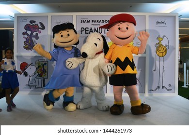 Bangkok, Thailand – June 21, 2019: Costume Of Snoopy, Charlie Brown And Lucy Van Pelt At Siam Paragon Shopping Mall